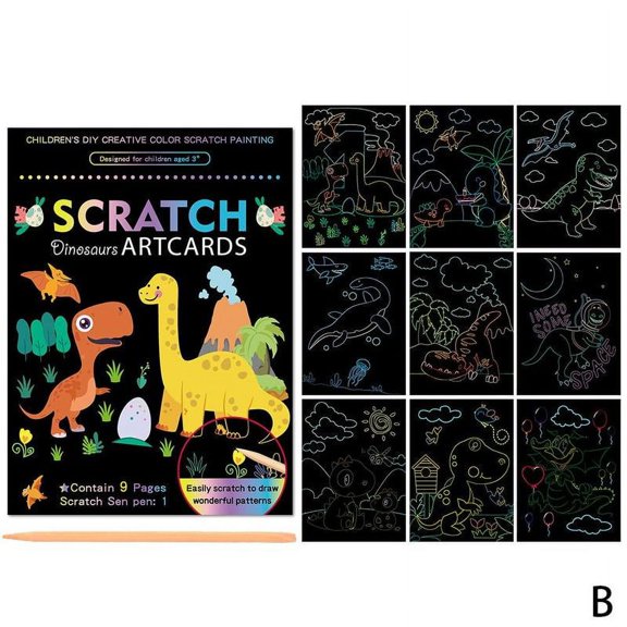 Magic Rainbow Color Scratch Art Painting Paper Card Kit Cartoon Dinosaur Drawing Board Kids Diy Educational Toys