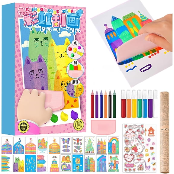 Magic Rainbow Scratch Art Creative Squeegee Painting Kit, Rainbow Scratch Paper Art Set, DIY Postcards & Novelty Gifts for Girls & Boys, Party Favors