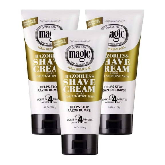 Magic Razorless Cream Shave for Sensitive Skin 6oz Tube (Pack of 3)