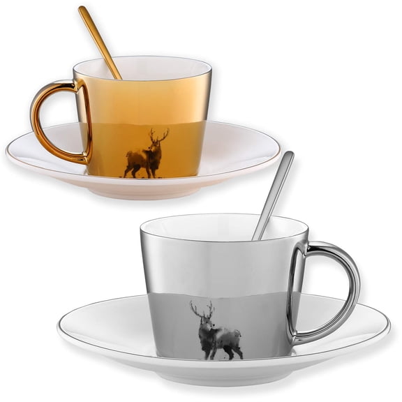 Magic Reflection Silver & Gold Imaging Mugs Cups Galvanized Mirror Reflection Art Inverted Image Animal Pattern Ceramic Tea Coffee Cup Set 300ml (Elk)
