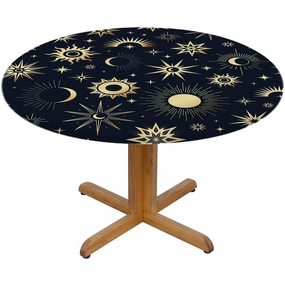 Magic Round Tablecloth Gold Sun Moon Stars Mystical Esoteric Waterproof Oil-Proof Table Cover Table Cloth for Indoor Dining, Outdoor Picnic Parties, Camping,Fits for Table 40-44" Inches