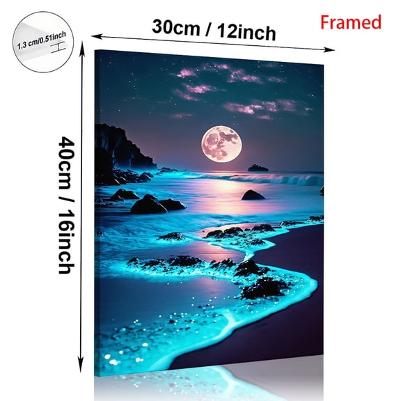 Magic Seaside Night Scene - Framed Canvas Wall Art, Suitable for Office, Kitchen, Living Room, and Bedroom Decoration, Directly Hanging Coastal Home Decor, Perfect Room Decoration
