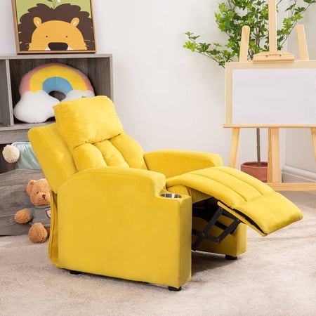 Magic Seats for Superheroes & Princesses, Sally Deluxe Kids Recliner With Footrest, 2 Cup Holders, Push Back Toddler Recliner by Naomi Home, Microfiber, Age 3+ Kid Recliners, Girls Boys, Yellow