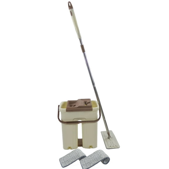Magic Self Cleaning Flat Floor Mop Bucket System - Automatic Squeeze In n Out Drying Wringer - 2 Microfiber Reusable Washable Pads Included