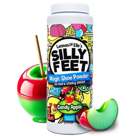 Silly Feet Magic Shoe Deodorizer and Foot Powder, Strong Smelly Feet Odor Eliminator, 8 oz, Candy Apple