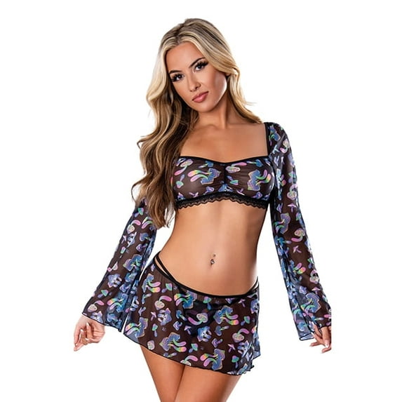 Magic Silk Hazy Dayz Shrooms Crop Top Round Neck Long Sleeve with Skirt & Thong Panty Lingerie Set Mushroom, Large / X-Large