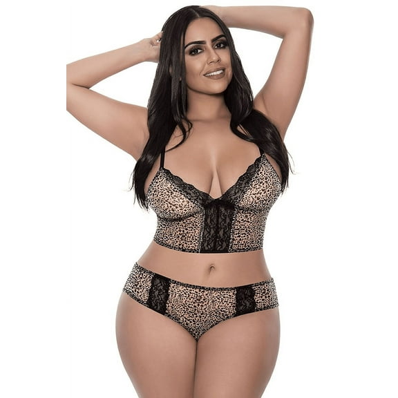 Magic Silk Leopard Print Longline Deep V Queen Size Bralette & Panty Set, Polyester