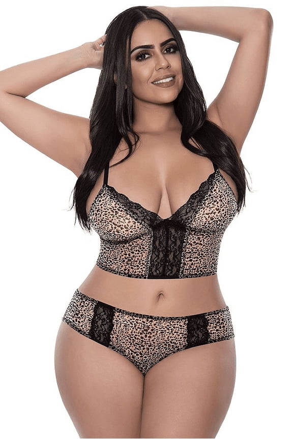 Leopard Print Longline Deep V Queen Size Bralette & Panty Set, Polyester
