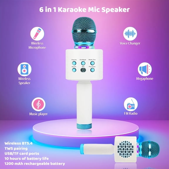 Magic Singing Bluetooth Karaoke Microphone Speaker, HiFi Sound Effects, Colorful Lights & Fun Voice Changer, TWS Duo Mode, Cool Christmas Holiday Gift for Teens & Family