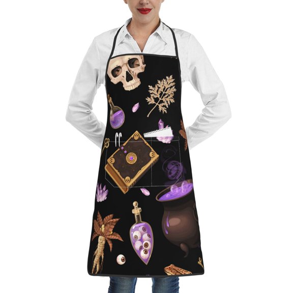 Magic Skull Book Witchcraft Apron with Pocket Cooking Waterproof Bib Aprons for Kitchen Baking Chef Gardening BBQ