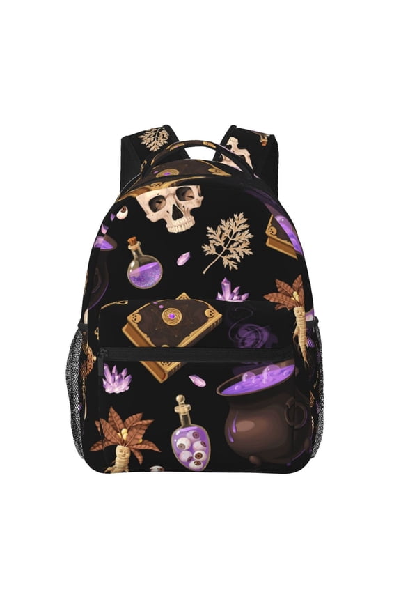 Magic Skull Book Witchcraft Backpack Casual College Bag Zipper Laptop Daypack Hiking Rucksack Travel