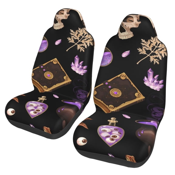 Magic Skull Book Witchcraft Car Seat Cover 2 Pcs Auto Front Bucket Seats Protector Cushion Universal Vehicle Truck SUV