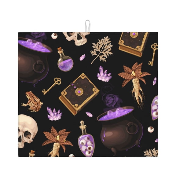 Magic Skull Book Witchcraft Kitchen Drying Mat 18x16 Inch Ultra Absorbent Countertop Mat Foldable with Hanging Loop