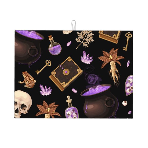 Magic Skull Book Witchcraft Large Kitchen Drying Mat 18x24 Inch Ultra Absorbent Dish Drying Mats Foldable Countertop Protector