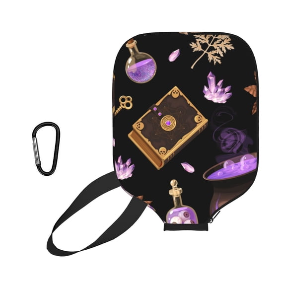 Magic Skull Book Witchcraft Pickleball Paddle Cover with External Mesh Pocket, Universal Protective Paddle Sleeve for Most Paddles