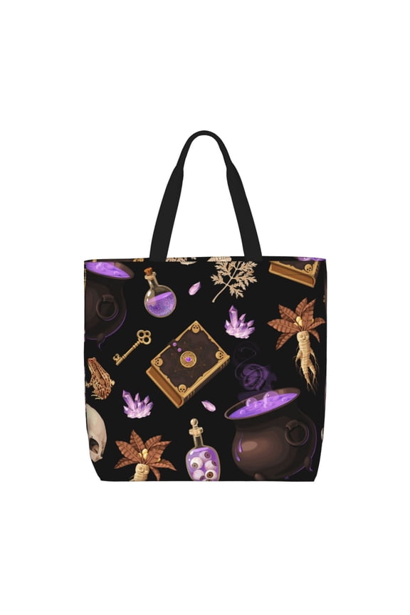 Magic Skull Book Witchcraft Zippered Tote Bag Large Capacity Shoulder Handbag for Shopping, Work, Travel