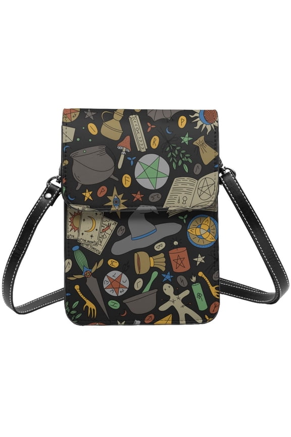 Magic Skull Pentagram Witches Tarot Cell Phone Purse Small Crossbody Bag with Strap Credit Card Slots Leather Shoulder Wallet for Women
