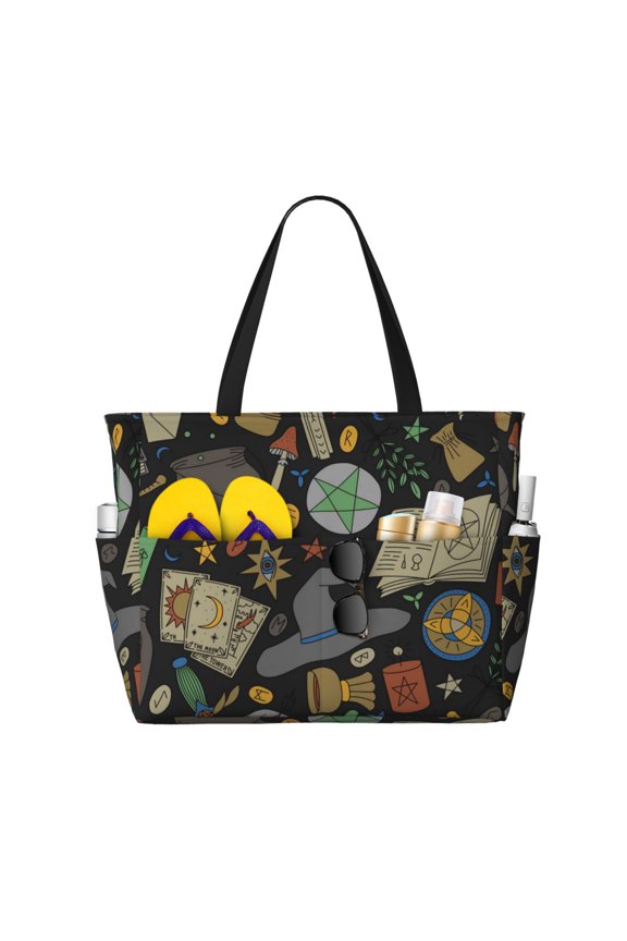 Magic Skull Pentagram Witches Tarot Large Capacity Beach Travel Tote Bag Shoulder Handbag for Gym Camping Shopping