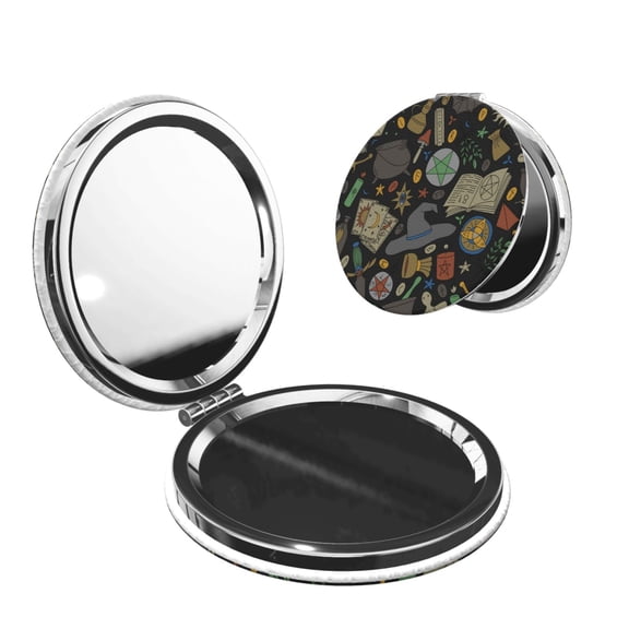 Magic Skull Pentagram Witches Tarot Portable Double-Sided Face Mirror Round Shape, Magnifying Compact Pocket Mirror with PU Leather Cover