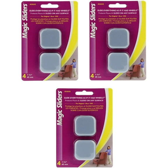 Magic Sliders Self-Adhesive Furniture Slider Squares - Square, 4 Count, 1 3/4 In, Pack of 3