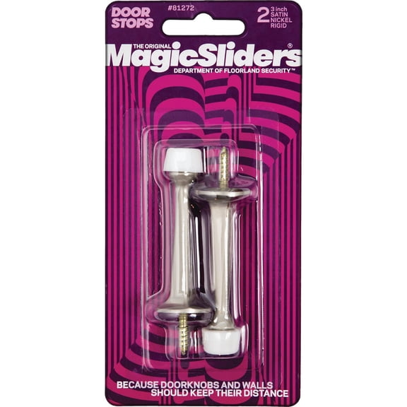 Magic Sliders Door Stop Satin Nickel Rigid Baseboard Stoppers - 2 Pack, 3 In.