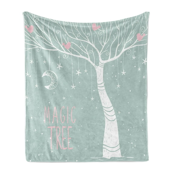 Magic Soft Flannel Fleece Blanket, Magic Plant with Stars and Moon Hanging on Branches Simplistic Illustration, Cozy Plush for Indoor and Outdoor Use, 50" x 60", Almond Green White, by Ambesonne