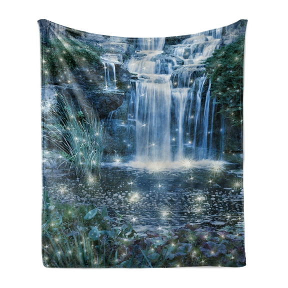 Magic Soft Flannel Fleece Throw Blanket, Fairy and Cascade at the Night on the Water Fresh Landscape Image Print, Cozy Plush for Indoor and Outdoor Use, 50" x 70", Grey Green, by Ambesonne