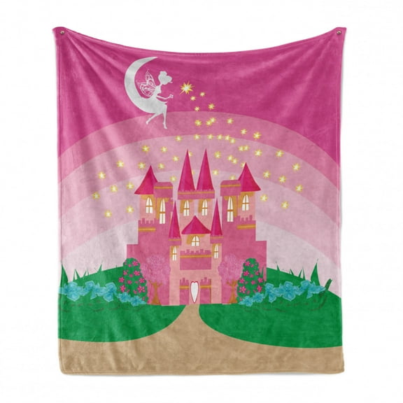Magic Soft Flannel Fleece Throw Blanket, Fantasy Fairy Tale Princess Castle Pixie in Sky Fictional Dream Kingdom, Cozy Plush for Indoor and Outdoor Use, 60" x 80", Green Pink, by Ambesonne