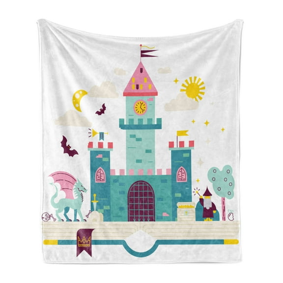 Magic Soft Flannel Fleece Throw Blanket, Kids Theme Detailed Magic Kingdom Castle Dragon Wizard Sun Moon Bats Cartoon Style, Cozy Plush for Indoor and Outdoor Use, 70" x 90", Multicolor, by Ambesonne