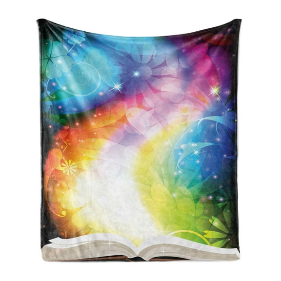 Magic Soft Flannel Fleece Throw Blanket, Psychedelic Open Book of Fairy Tales on Gradient Rainbow Color Floral Background, Cozy Plush for Indoor and Outdoor Use, 50" x 60", Multicolor, by Ambesonne