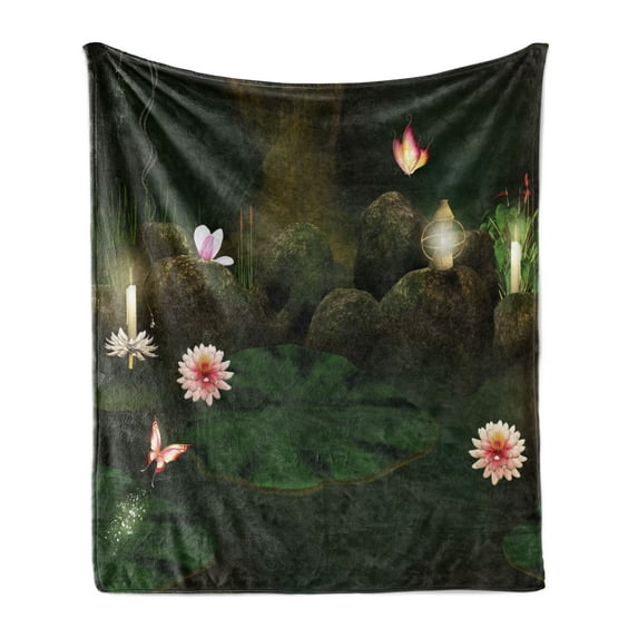 Magic Soft Flannel Fleece Throw Blanket, Secret Place Deep Dark in Forest with Butterflies and Flowers Image, Cozy Plush for Indoor and Outdoor Use, 70" x 90", Green Brown, by Ambesonne