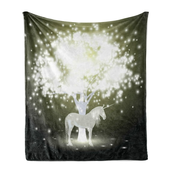 Magic Soft Flannel Fleece Throw Blanket, Unicorn Horse Under Mystic Tree with Human Fantasy Artwork Design, Cozy Plush for Indoor and Outdoor Use, 50" x 70", Yellow Hunter Grey, by Ambesonne
