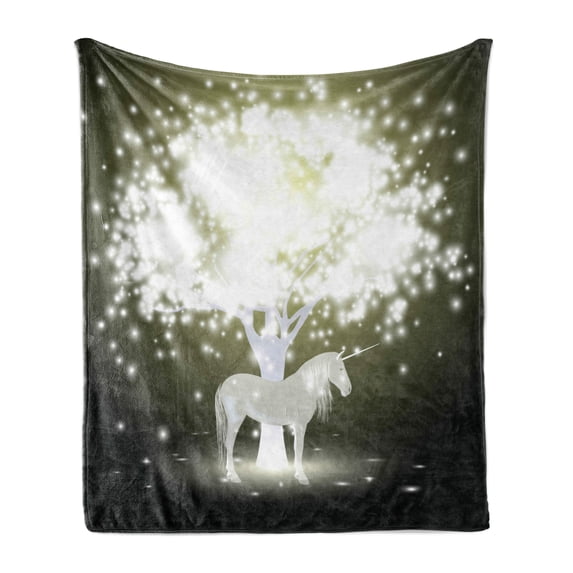 Magic Soft Flannel Fleece Throw Blanket, Unicorn Horse Under Mystic Tree with Human Fantasy Artwork Design, Cozy Plush for Indoor and Outdoor Use, 60" x 80", Yellow Hunter Grey, by Ambesonne