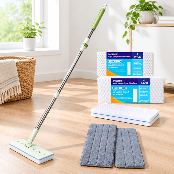 Magic Sponge Eraser Mop with 60" Adjustable Handle and 13" Flat Head