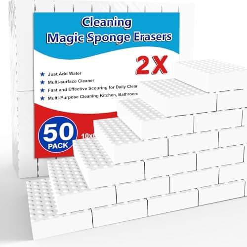 Magic Sponge Erasers, 50 Pack 2X Density Stronger Melamine Sponge Foam Pads, Multi-Functional Household Cleaning Supplies Cleaner for Kitchen, Bathroom, Bathtub, Sink, Wall Cleaner