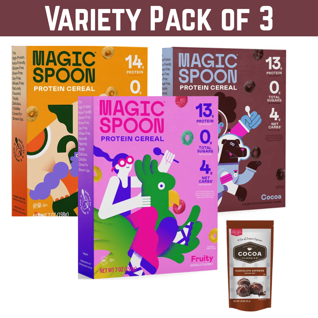 Magic Spoon Grain-Free Breakfast Cereal Variety Pack of 3, 7 oz Each (Fruity, Peanut Butter, Cocoa)  with fee Cocoa Sachet by ValueNest