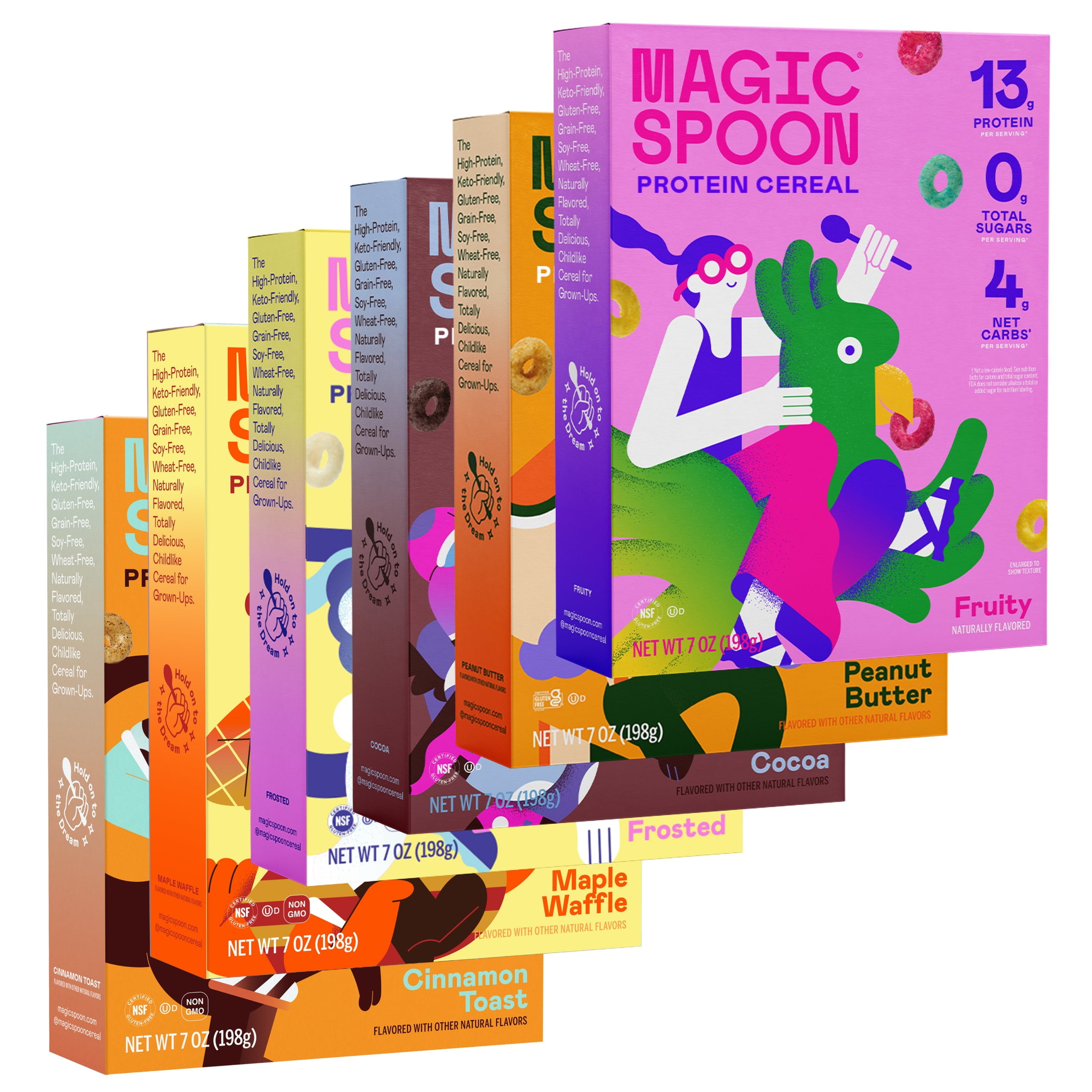 Magic Spoon Protein Cereal Variety 6 Pack - Cinnamon Toast, Fruity, Peanut Butter, Frosted, Cocoa, Maple Waffle