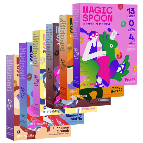Magic Spoon Protein Cereal Variety 6 Pack - Cinnamon Toast, Fruity, Peanut Butter, Frosted, Cocoa, Maple Waffle