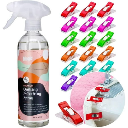 Magic Spray for Quilting & Crafting - Eliminates Odors & Wrinkles - Magic Sizing Ironing Spray & Fabric Spray - Magic Fabric Spray for Cutting, Creasing, & Sewing - 25 Fabric Sewing Clips