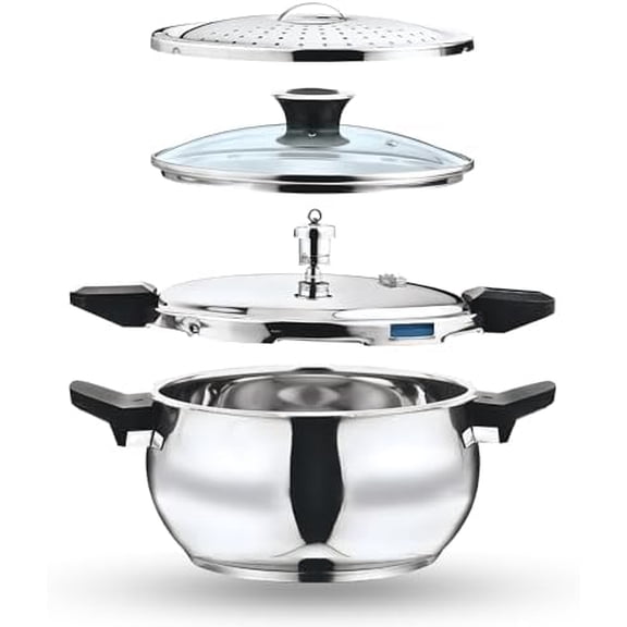 Magic Stainless Steel Smart 3 in 1 Pressure Cooker 5.5 Litre | 5mm Thick Base | All in One Cooker with Strainer & Glass Lid | Induction and Gas Base | ISI certified, Silver