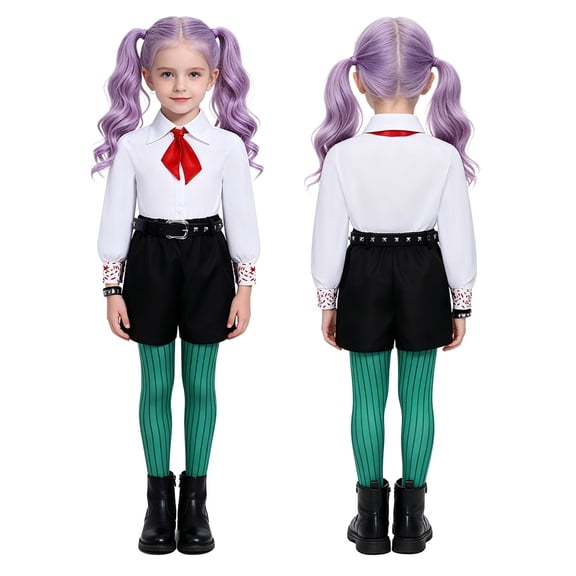 Magic Style Halloween Costume, White Shirt and Shorts Set with Tie Belt Wristband and Green Tights, Cosplay Outfit for Party