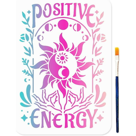 Magic Sun Stencil Boho Positive Moon Phase Stencils 11.78.3inch Reusable Taoist Style Craft Stencils with Paint Brush Flower Hands Template for Craft on Window Wood Wall Home Decor Colorful