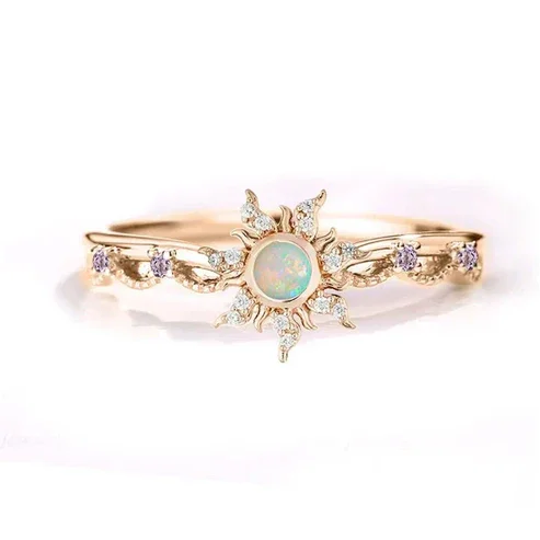 Magic Sunflower Opal & Purple Amethyst Diamond Ring in 14K Rose Gold Finish – Dainty Birthstone Ring for Wife or Daughter