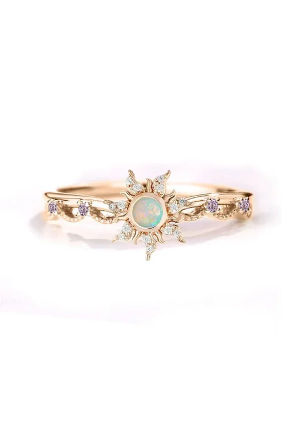 Magic Sunflower Opal & Purple Amethyst Diamond Ring in 14K Rose Gold Finish – Dainty Birthstone Ring for Wife or Daughter
