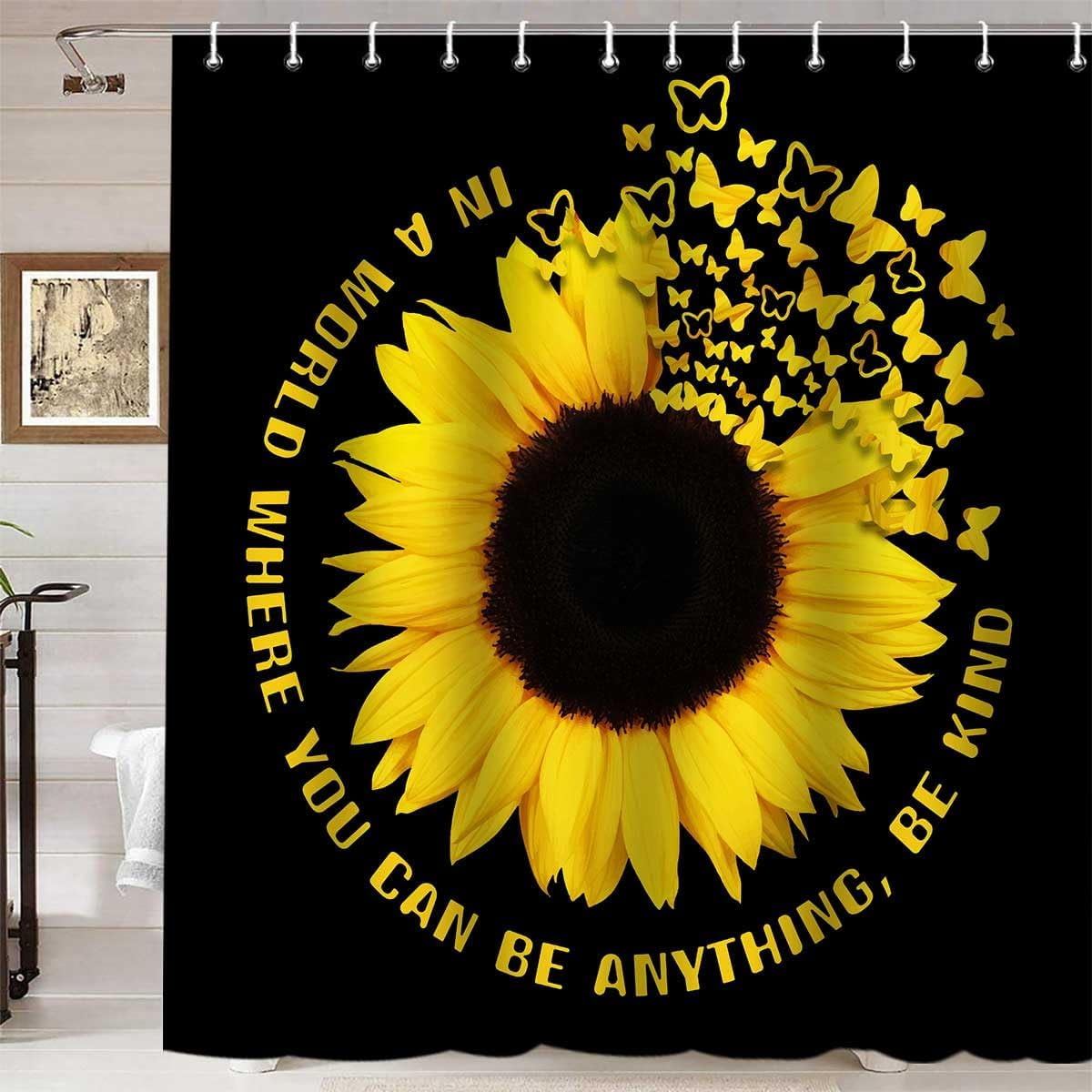 Magic Sunflower Shower Curtain, Inspirational Quotes Yellow Butterfly Blooming Floral Spring Flower Farmhouse Bathroom Decor, Waterproof Fabric Black Shower Curtain, 72 X 72 Inch, BE Kind