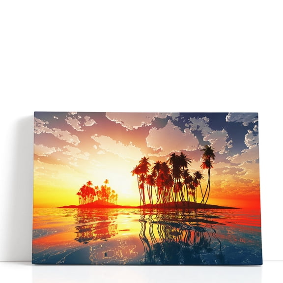 Magic Sunset in Clouds Over Coconut Tropic Island - Wrapped Canvas Print Wall Art | 36" W x 24" H