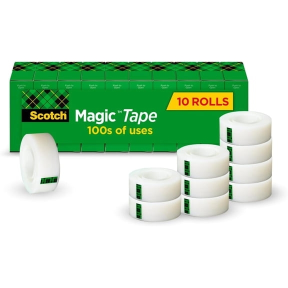 Magic Tape, 10 Rolls, Numerous Applications, Invisible, Engineered for Repairing, 3/4 x 1000 Inches, Boxed (810P10K)