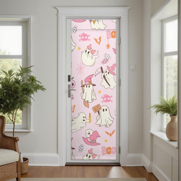 Magic-Tape Halloween Door Curtain with Pumpkin Ghost Bat Art - Multi-Use for Windows Cabinets, Perfect for Office Light Control