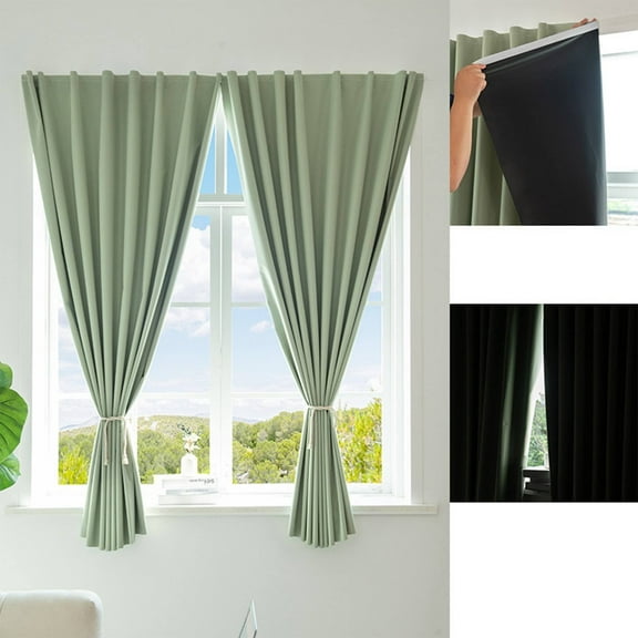 Magic Tape Stick on Curtains Blackout Curtains for Bedroom no Drillng Self Adhesive Curtain no Rod Small Window (Green, 59" W x 78.7" L) 2 Panels