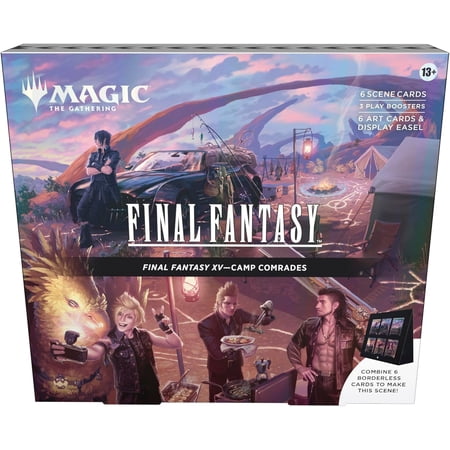Magic: The Gathering Final Fantasy XV Scene Box - Camp Comrades | 6 Foil Borderless Scene Cards, 6 Art Cards, 3 Play Boosters + 1 Display Easel